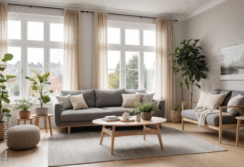 Modern Living Room Interior Design with Gray Sofa, Wooden Coffee Table, and Plants