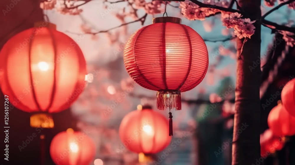 Glowing red Chinese lanterns set amidst a floral background. Perfect for web banners, illustrations, and postcard themes celebrating Chinese New Year festivities. Glowing red Chinese lanterns set amidst a floral background. Perfect for web banners, illustrations, and postcard themes celebrating Chinese New Year festivities.