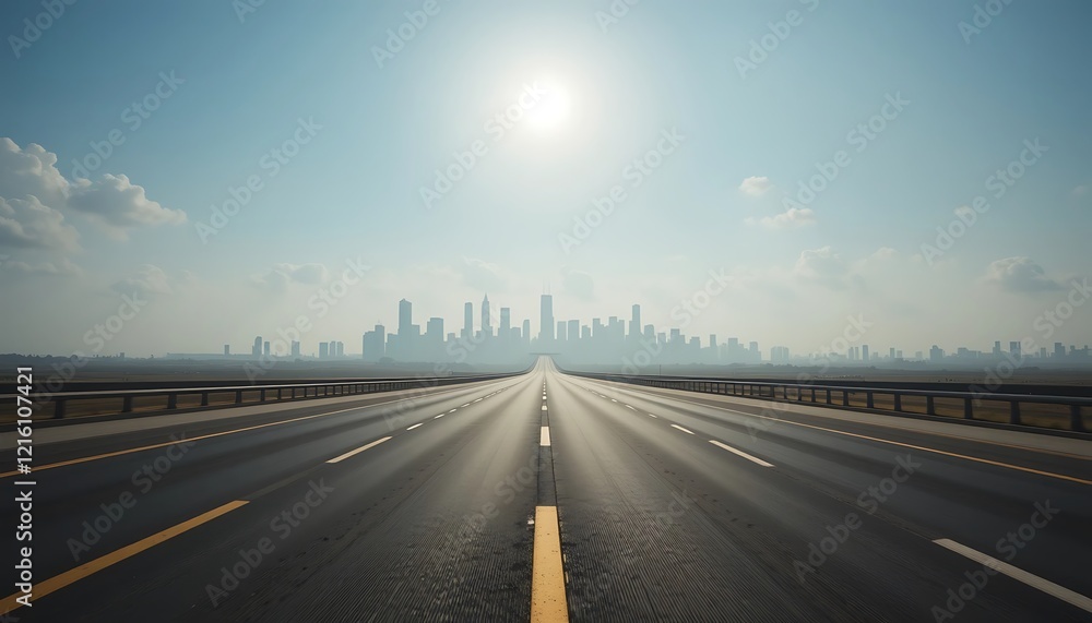 Empty highway leading to a distant hazy city skyline under a bright sun, offering a sense of journey and aspiration. Empty highway leading to a distant hazy city skyline under a bright sun, offering a sense of journey and aspiration.