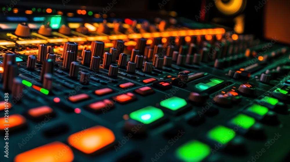 Close up of a professional sound mixer console with illuminated buttons and knobs Close up of a professional sound mixer console with illuminated buttons and knobs