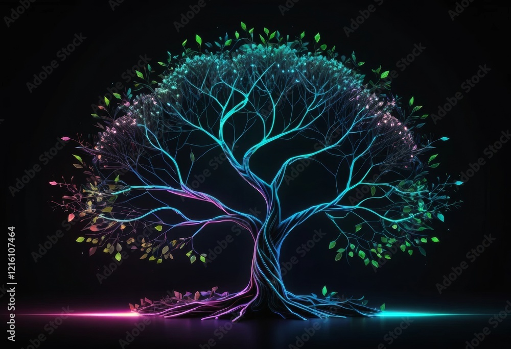 Fototapeta premium Neon Glowing Tree of Life with Vibrant Leaves in Dark Background