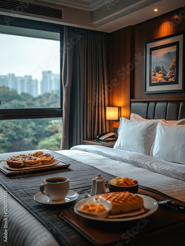 Hotel room with breakfast on bed tray, large window reveals a cityscape backdrop, merging luxury and comfort seamlessly.