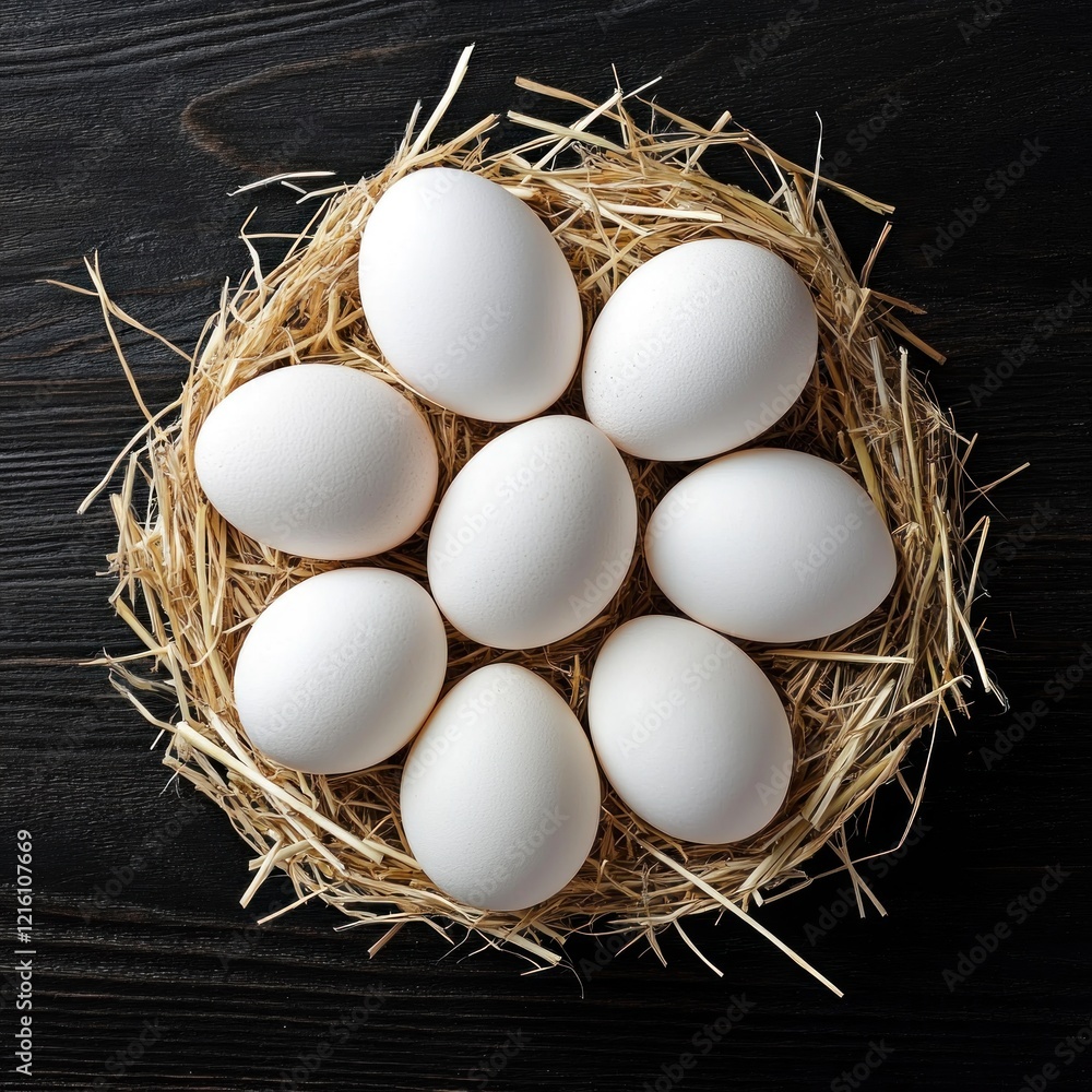 White eggs in hay nest on dark wood. Food photography for recipe blogs White eggs in hay nest on dark wood. Food photography for recipe blogs