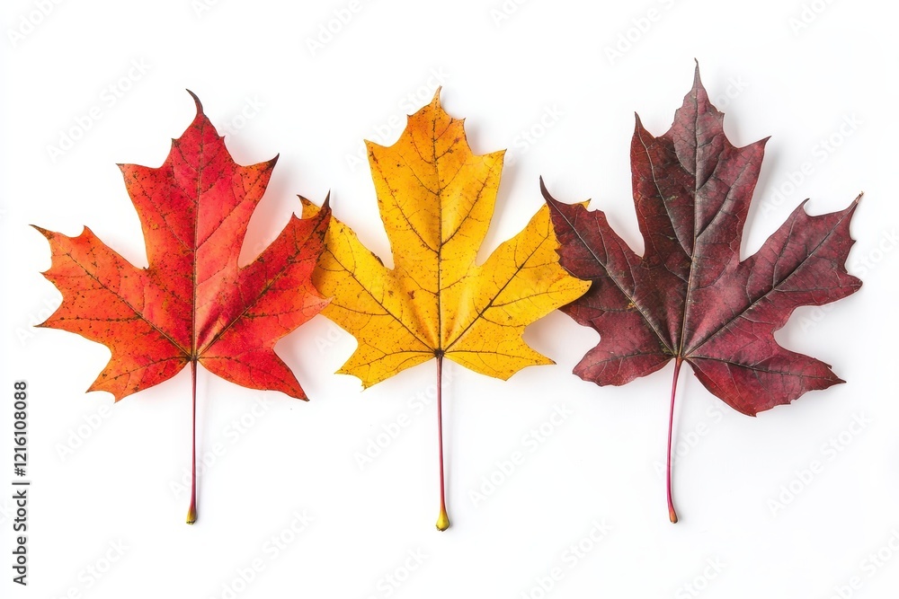 Autumn maple leaves, arranged, white background, seasonal design Autumn maple leaves, arranged, white background, seasonal design