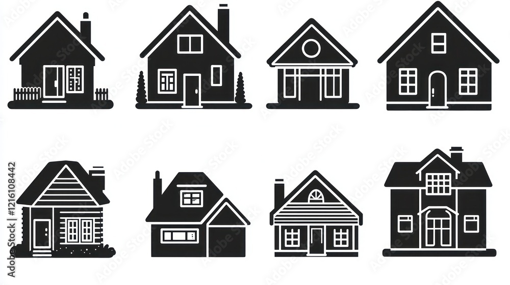 Fototapeta premium Icon set representing various house exteriors in black glyph