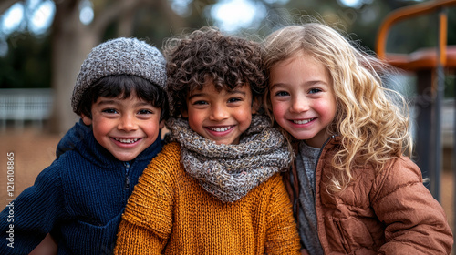 Adorable Diverse Kids Smiling Together at Playground. Happy Children Friendship, Joyful Childhood Moments