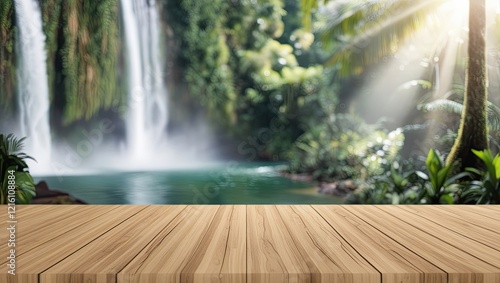 Empty Wooden Tabletop in Front of a Lush Waterfall