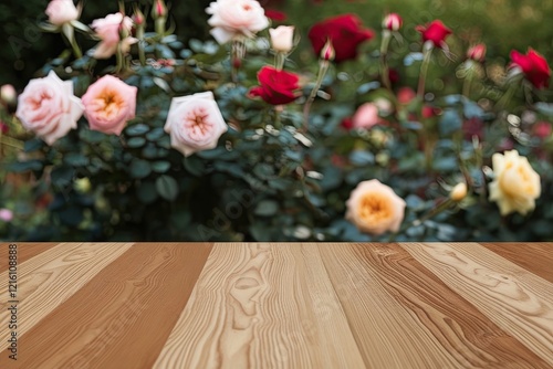 Wooden tabletop with a blurred background of beautiful roses