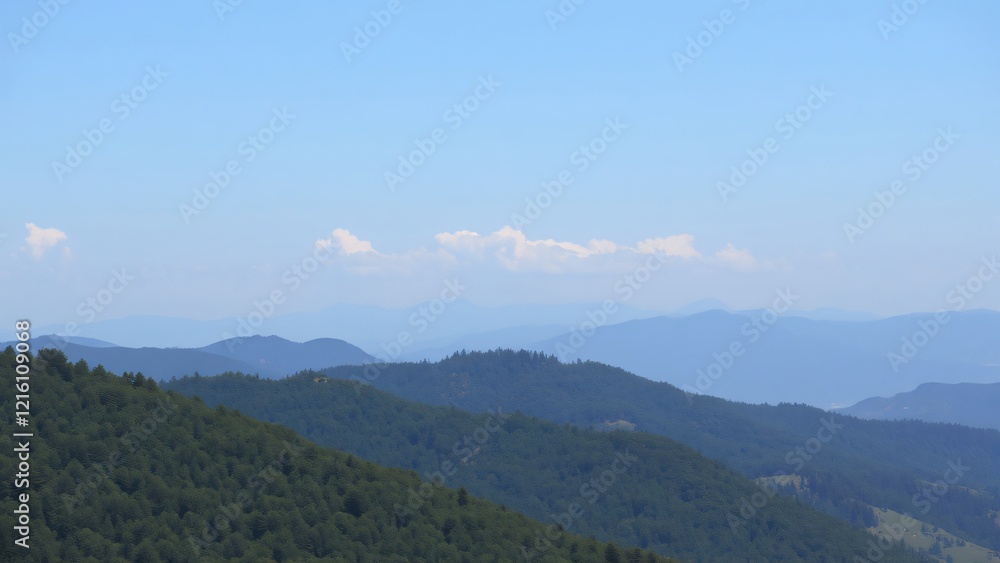 Serene Mountain Range Panorama under a Clear Blue Sky Serene Mountain Range Panorama under a Clear Blue Sky