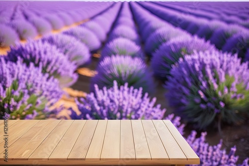 Wooden table top with a blurred lavender field background