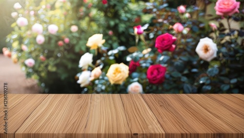 Wooden tabletop with a blurred background of beautiful roses
