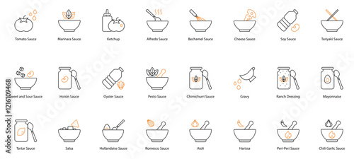 Sauce Vector Icon Set: Tomato, Marinara, Ketchup, Alfredo, Bechamel, Cheese, Soy, Teriyaki, Sweet and Sour, Hoisin, Oyster, Pesto, Chimichurri, Gravy, Ranch Dressing, Mayonnaise, Tartar, Salsa 