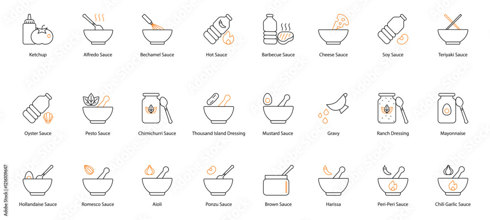 Sauce Vector Icon Set: Ketchup, Alfredo, Bechamel, Hot, Barbecue, Cheese, Soy, Teriyaki, Oyster, Pesto, Chimichurri, Thousand Island, Mustard, Gravy, Ranch Dressing, Mayonnaise, Hollandaise, Romesco Sauce Vector Icon Set: Ketchup, Alfredo, Bechamel, Hot, Barbecue, Cheese, Soy, Teriyaki, Oyster, Pesto, Chimichurri, Thousand Island, Mustard, Gravy, Ranch Dressing, Mayonnaise, Hollandaise, Romesco