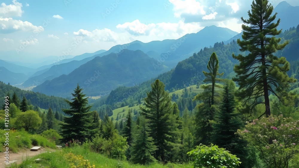 Panoramic View of Majestic Mountain Range with Lush Green Forests Panoramic View of Majestic Mountain Range with Lush Green Forests