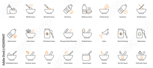 Sauce Vector Icon Set: Ketchup, Alfredo, Bechamel, Hot, Barbecue, Cheese, Soy, Teriyaki, Oyster, Pesto, Chimichurri, Thousand Island, Mustard, Gravy, Ranch Dressing, Mayonnaise, Hollandaise, Romesco 