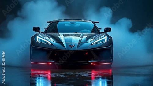 Futuristic Corvette, front view, dramatic lighting, neon blue and red glow, smoky atmosphere, reflective wet floor, dark background video