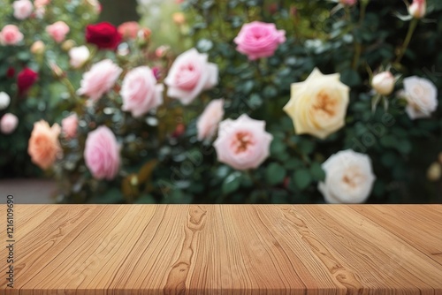 Wooden tabletop with a blurred background of beautiful roses