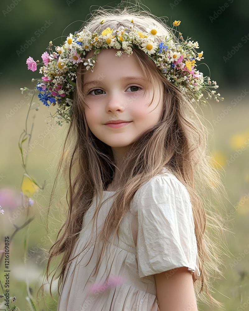 Girl with a wildflower crown in a field setting Girl with a wildflower crown in a field setting
