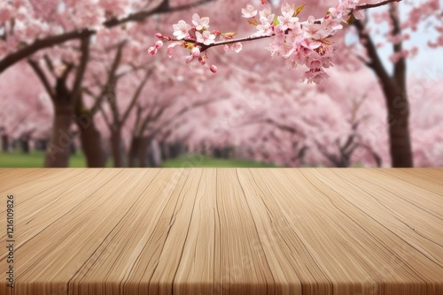 Empty Wooden Tabletop with Cherry Blossom Trees in Spring