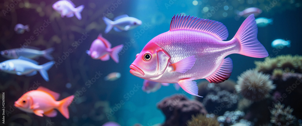 Surreal holographic fish swimming through vibrant underwater cityscape, dreamscape Surreal holographic fish swimming through vibrant underwater cityscape, dreamscape