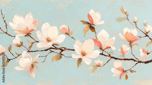 Bloom cycle of magnolias, showing the transformation from buds to full blossoms in soft tones