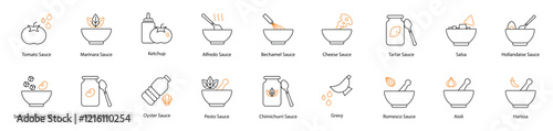 Sauce Vector Icon Set: Tomato, Marinara, Ketchup, Alfredo, Bechamel, Cheese, Tartar, Salsa, Hollandaise, Sweet and Sour, Hoisin, Oyster, Pesto, Chimichurri, Gravy, Aioli, Harissa, and Romesco