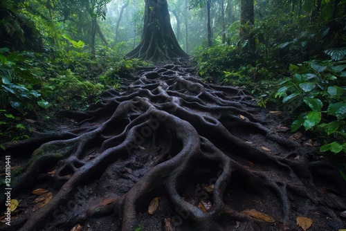 Ancient tree roots winding through a dense jungle, creating an intricate network that speaks of centuries-old resilience and hidden CC. photo