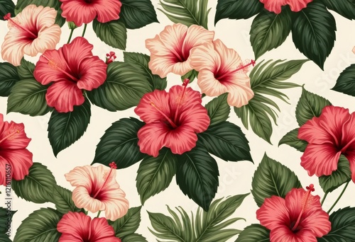 Wallpaper Mural Vibrant Hibiscus Flower Seamless Pattern with Lush Tropical Leaves and Pink and Red Blooms Torontodigital.ca
