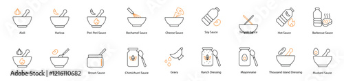 Sauce Vector Icon Set: Tomato, Sweet and Sour, Marinara, Hoisin, Ketchup, Oyster, Alfredo, Pesto, Bechamel, Chimichurri, Cheese, Gravy, Tartar, Hollandaise, Romesco, Aioli, and Harissa