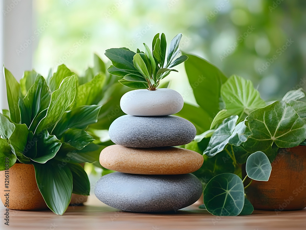 Obraz premium Balanced stones with plants, indoor window background, zen garden scene, wellness concept