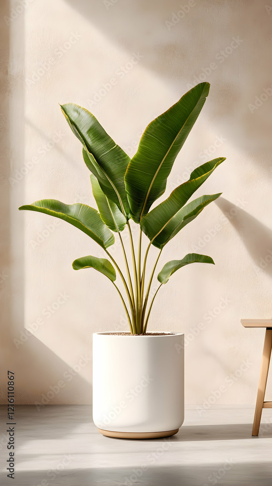 Bird of Paradise plant in white pot, sunlight interior, minimalist decor Bird of Paradise plant in white pot, sunlight interior, minimalist decor