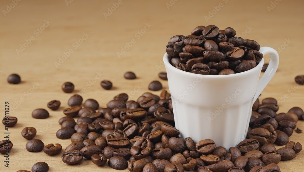 Coffee Bean Abundance: A small white cup overflows with aromatic, dark roasted coffee beans, spilling onto a brown surface, creating a rich and inviting still life. Coffee Bean Abundance: A small white cup overflows with aromatic, dark roasted coffee beans, spilling onto a brown surface, creating a rich and inviting still life.