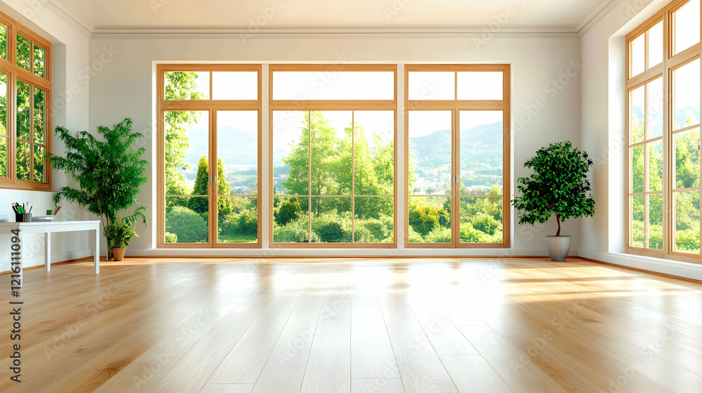 Bright sunlit room, large windows, mountain view, empty floor, home interior design Bright sunlit room, large windows, mountain view, empty floor, home interior design