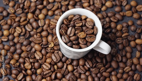 Coffee Bean Abundance: A close-up shot of a small white mug overflowing with aromatic coffee beans, nestled amongst a sea of roasted beans. The scene is rich in texture and color.