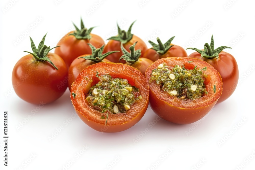 Studio shot of cherry tomatoes filled with pesto Studio shot of cherry tomatoes filled with pesto