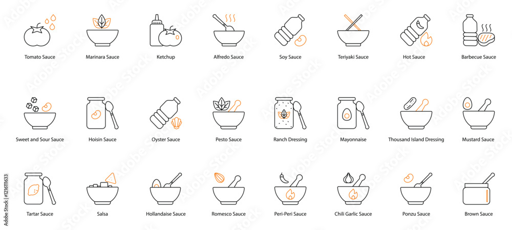 Sauce Vector Icon Set: Hollandaise, Romesco, Harissa, Peri-Peri, Chili Garlic, Ketchup, Oyster, Alfredo, Pesto, Bechamel, Chimichurri, Cheese, Gravy, Soy, Ranch Dressing, Teriyaki, and Mayonnaise Sauce Vector Icon Set: Hollandaise, Romesco, Harissa, Peri-Peri, Chili Garlic, Ketchup, Oyster, Alfredo, Pesto, Bechamel, Chimichurri, Cheese, Gravy, Soy, Ranch Dressing, Teriyaki, and Mayonnaise