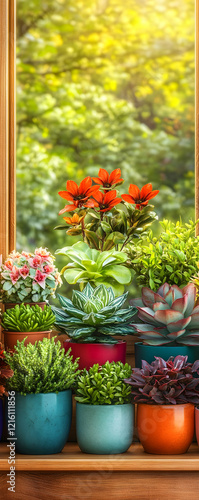 Wallpaper Mural Colorful succulents & flowers on windowsill, sunny garden view, home decor Torontodigital.ca