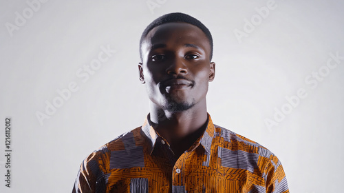 a man in an orange shirt with a white background photo