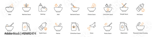 Sauce Vector Icon Set: Marinara, Ketchup, Tomato, Alfredo, Soy, Sweet and Sour, Oyster, Pesto, Hoisin, Ranch Dressing, Tartar, Salsa, Hollandaise, Romesco, Peri-Peri, Teriyaki, Hot, Barbecue 