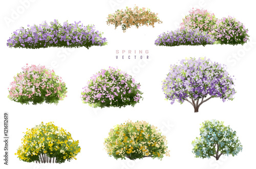 Vertor set of spring blossom tree,blooming plants side view for landscape elevation and section,eco environment concept design,watercolor meadows illustration,colorful season