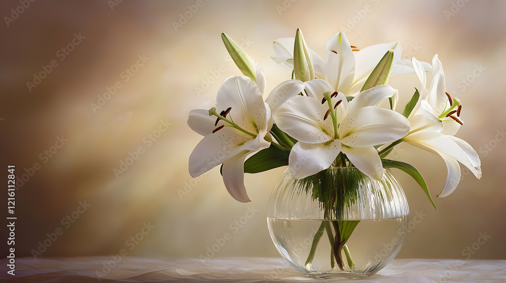 White lilies in a glass vase with soft lighting White lilies in a glass vase with soft lighting