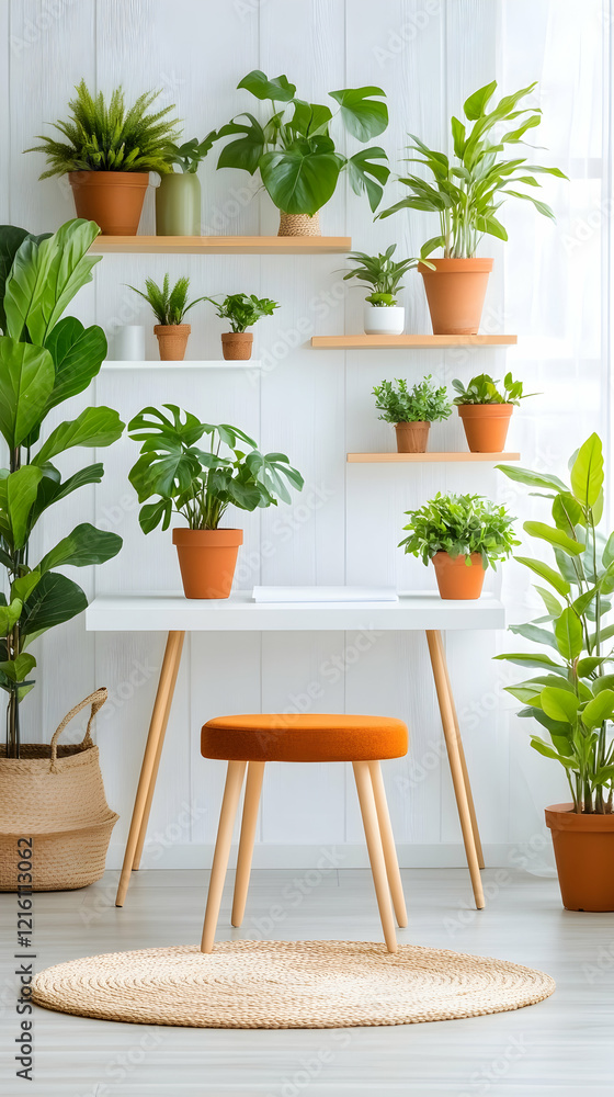 Home office with potted plants, desk, and stool. Perfect for interior design blogs Home office with potted plants, desk, and stool. Perfect for interior design blogs