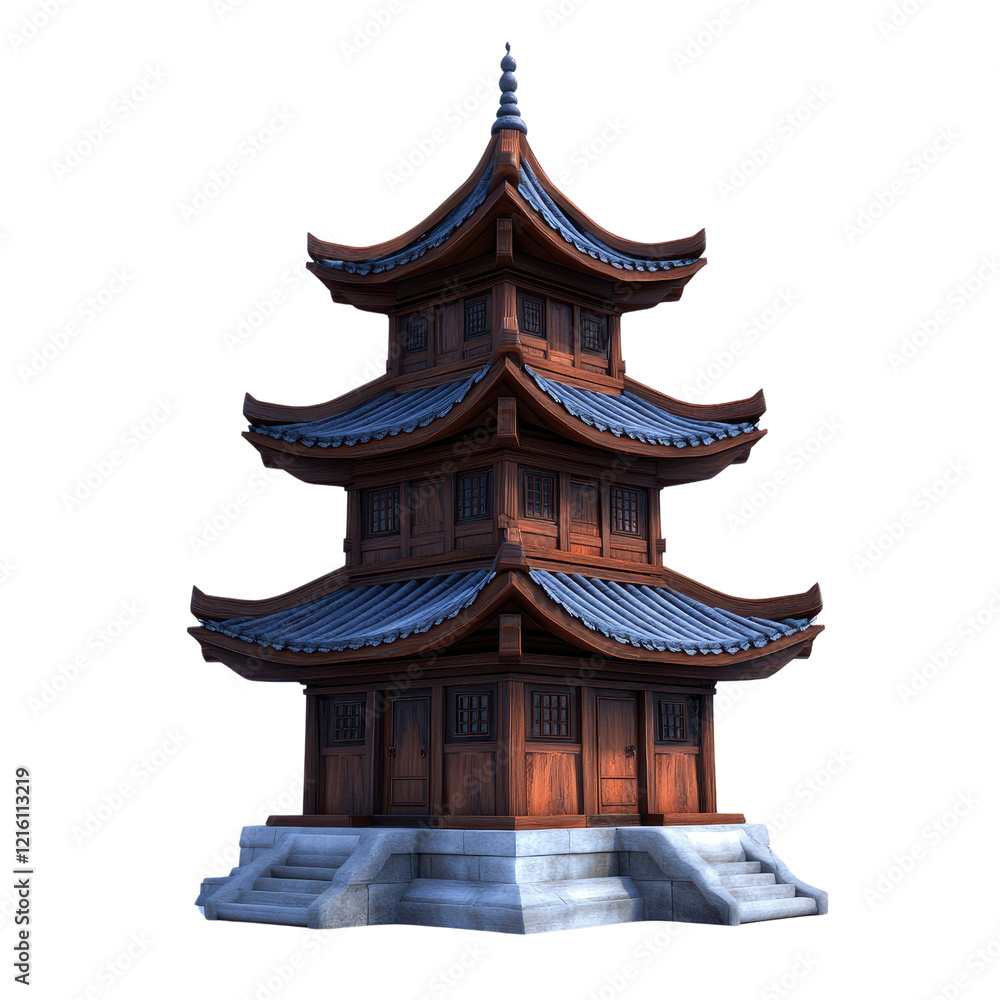 Three-Story East Asian Pagoda, Wooden Temple, Digital Render Three-Story East Asian Pagoda, Wooden Temple, Digital Render