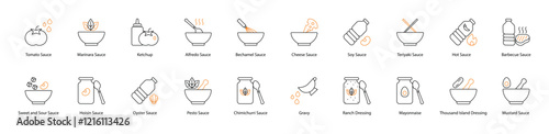 Sauce Vector Icon Set: Tomato, Marinara, Ketchup, Alfredo, Bechamel, Cheese, Soy, Teriyaki, Hot, Barbecue, Sweet and Sour, Hoisin, Oyster, Pesto, Chimichurri, Gravy, Ranch Dressing, Mayonnaise 