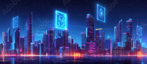 Night city panorama with futuristic digital holograms in the skyline