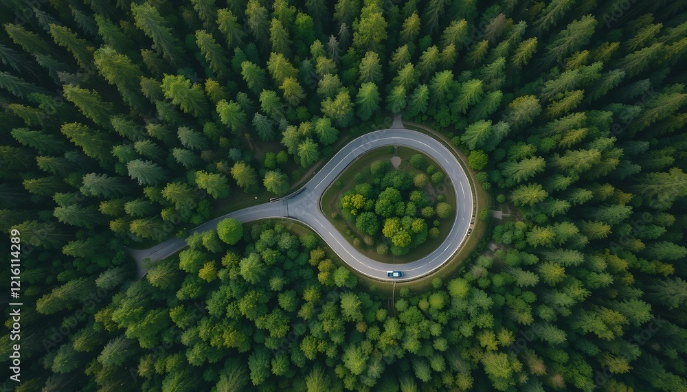 Fototapeta premium Aerial View of a Winding Road Through a Lush Green Forest with a Single Car Driving