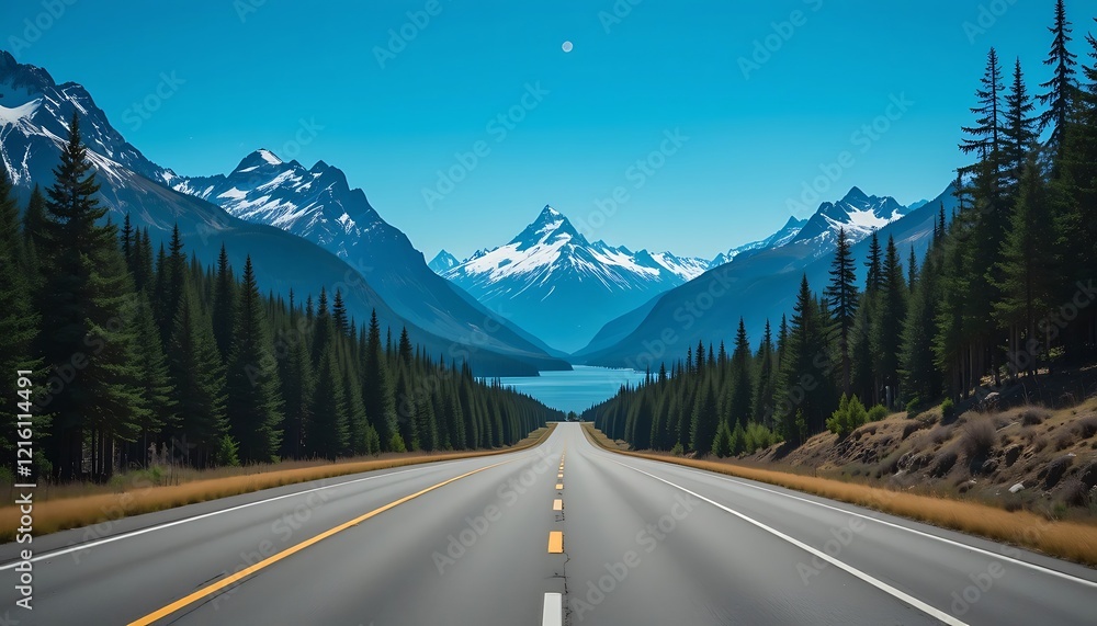 Naklejka premium Scenic Mountain Highway Road Trip: Stunning View of Snow-Capped Peaks and Serene Lake