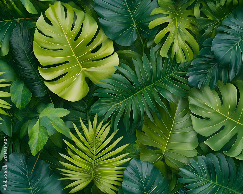 Obraz premium Lush tropical foliage background; vibrant green leaves; jungle setting; ideal for website or print design