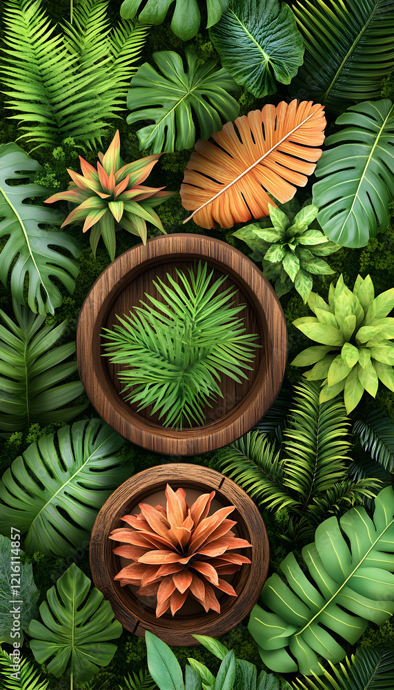 Fototapeta premium Lush tropical plants in wooden pots, vibrant green foliage background, perfect for summer designs