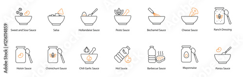 Sauce Vector Icon Set: Sweet and Sour, Salsa, Hollandaise, Pesto, Bechamel, Hoisin, Chimichurri, Chili Garlic, Hot, Barbecue, Cheese, Mayonnaise, Ranch Dressing, and Ponzu